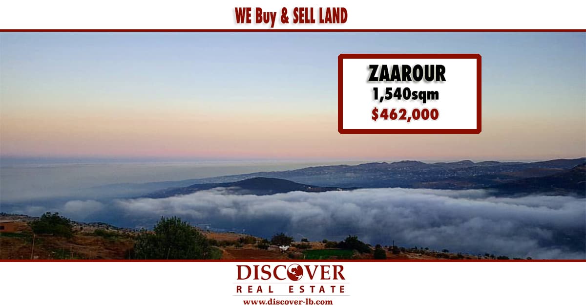 Land for sale in ZAAROUR - Price : $462,000 - Ratio : 20/40 Sea and Mountain View - Gentle Slope - possibility to build 3 floors - unblock-bale View - Chalets and villas area .disc