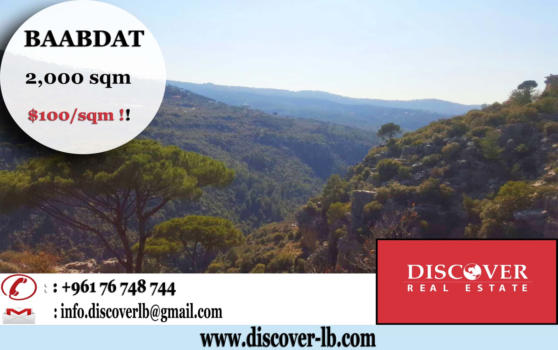 Exclusive LAND for sale in Baabaat - Great Deal Unblockable View - 20/40 - Calm Area .discoverlb@gmail.com w: www.discover-lb.com Costello Bldg - Baabdat Main Str. Maten Lebanon Fb