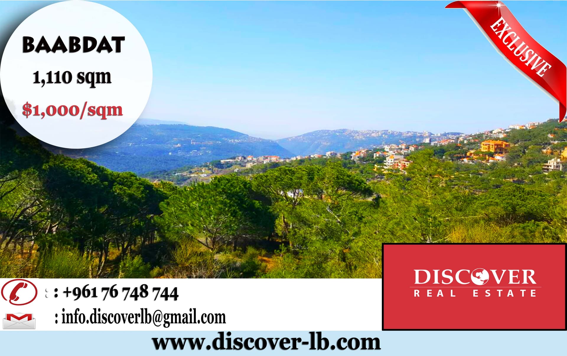 EXCLUSIVE LAND for sale in Baabaat PRIME LOCATION - villas area ? unblock-able View ? - 20/40 ? - private entrance ? .discoverlb@gmail.com w: www.discover-lb.com Costello Bldg - Ba